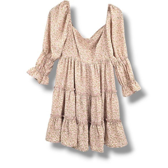 Lush Dresses & Skirts - Lush Floral Print‎ Mini Dress Long Sleeve Ruffle Tiered Pink Size M